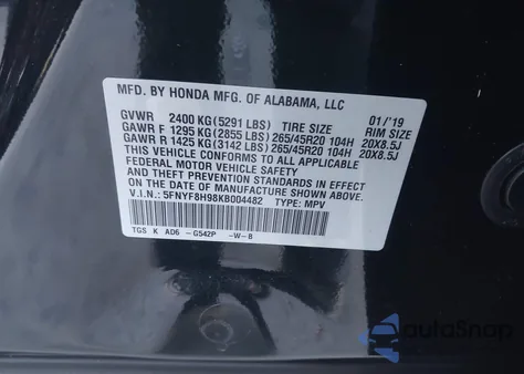 2019 Honda Passport Touring z USA, uszkodzony, nr VIN 5FNYF8H98KB004482